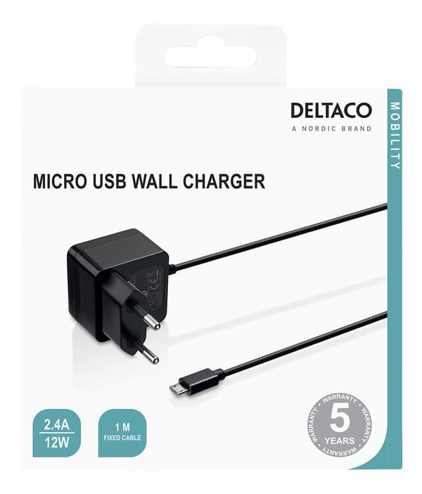 USB wall charger, fixed Micro USB cable, 1 m, black