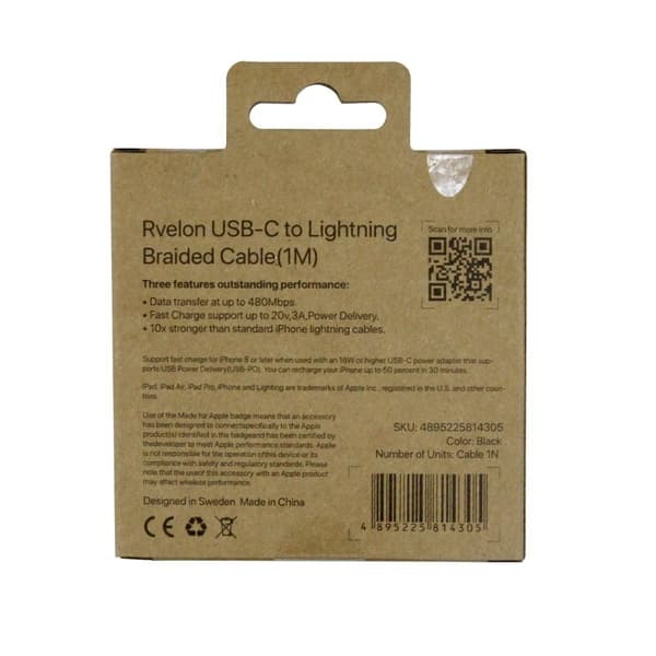 Rvelon USB-C till Lightning Kabel Flätad 1m