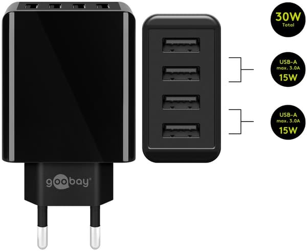 4-veis USB-lader (30W) svart