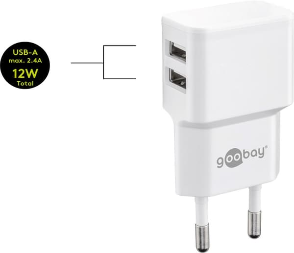 Dobbel USB-lader 2,4 A (12W) hvit