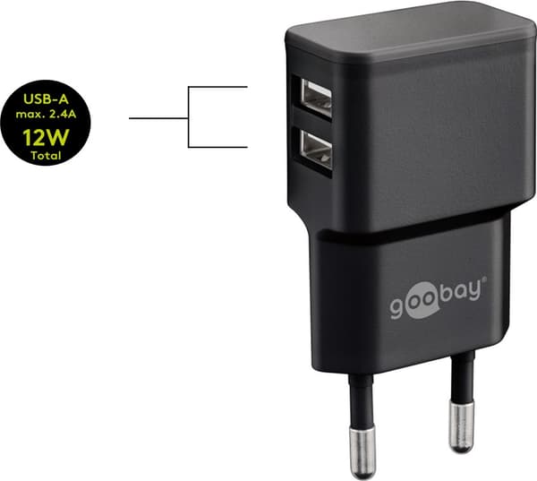 USB-A dobbelt oplader (12 W) sort