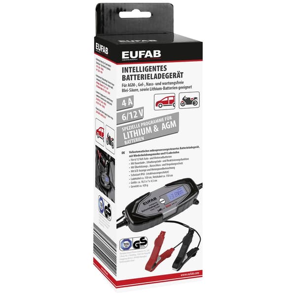 Eufab Intelligentes Batterieladegerät 6/12V 4A, auch für Lithiumbatterien 16647 Billaddare, Bilbatteriladdare 12 V, 6 V