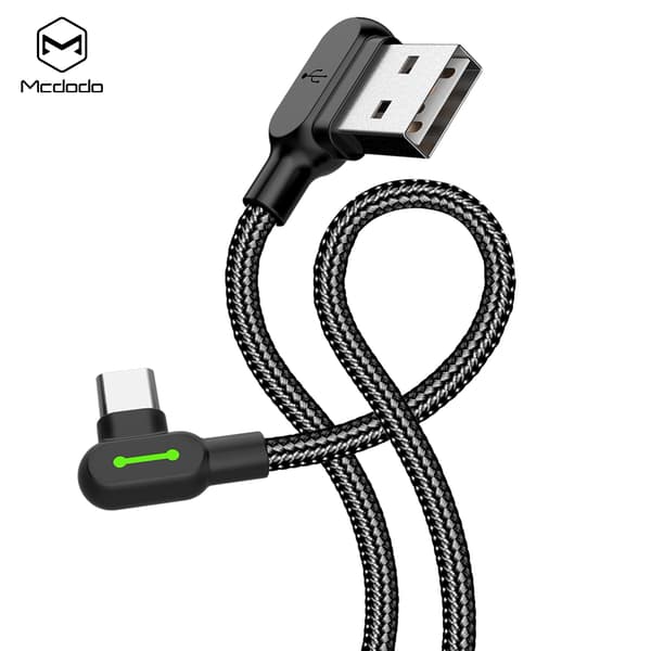 McDodo 3 Meter, Vinklad USB-C kabel, LED, 3A, svart snabbladdare Android