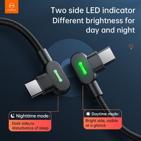 McDodo 2 Meter, Vinklad USB-C till USB-C kabel, LED, 3A, svart snabbladdare Android