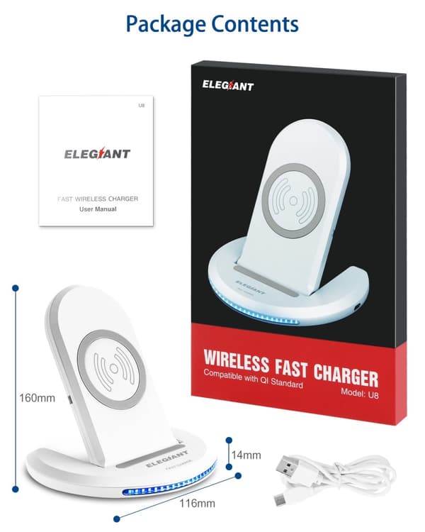 ELEGIANT U8 Sammenfoldelig 15W trådløs oplader Hurtig trådløs opladningsstander til smarttelefoner