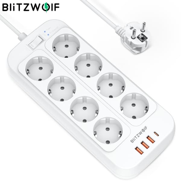 BlitzWolf BW-PC2 2500W strømstik med 8*AC-udtag + 20W USB-C PD strømforsyning + 18W 3*USB-A QC3.0-udgang USB-oplader EU-stik