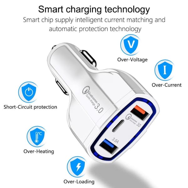 Biloplader Quick Charge PD med USB-C & 2x USB-stik Hvid 1-Pack