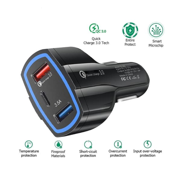 Biloplader Quick Charge PD med USB-C & 2x USB-stik Sort 1-Pack