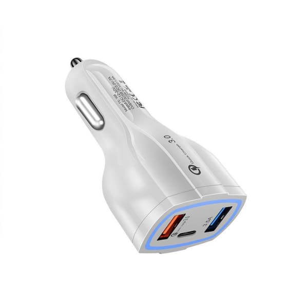 Stilfuld biloplader Hurtigopladning med USB-C & 2x USB-stik Hvid