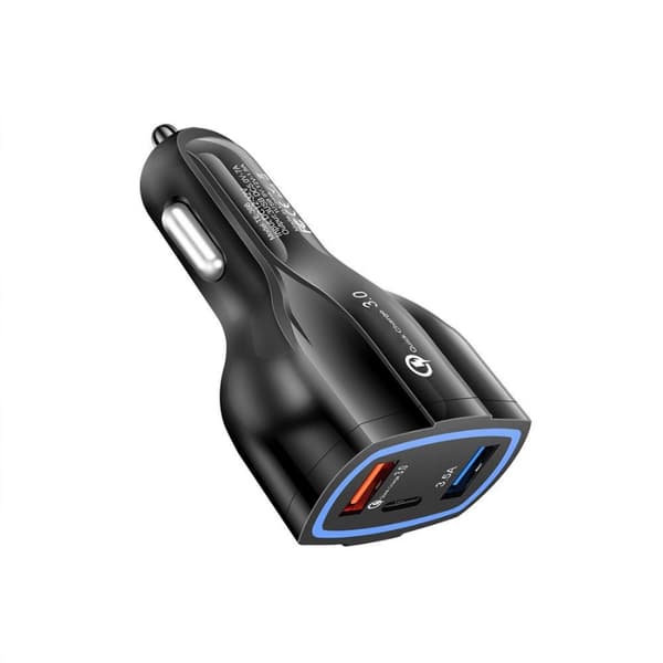 Stilfuld biloplader Hurtigopladning med USB-C & 2x USB-stik Sort