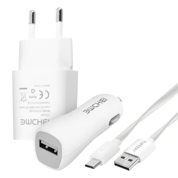 Pack 3 in 1 Nätladdare 2.1A billaddare 2.1A och mikro-USB-kabel Vit