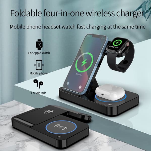 INF Vikbar 4-i-1 trådlös laddare för telefon, Airpods, Apple Watch Svart
