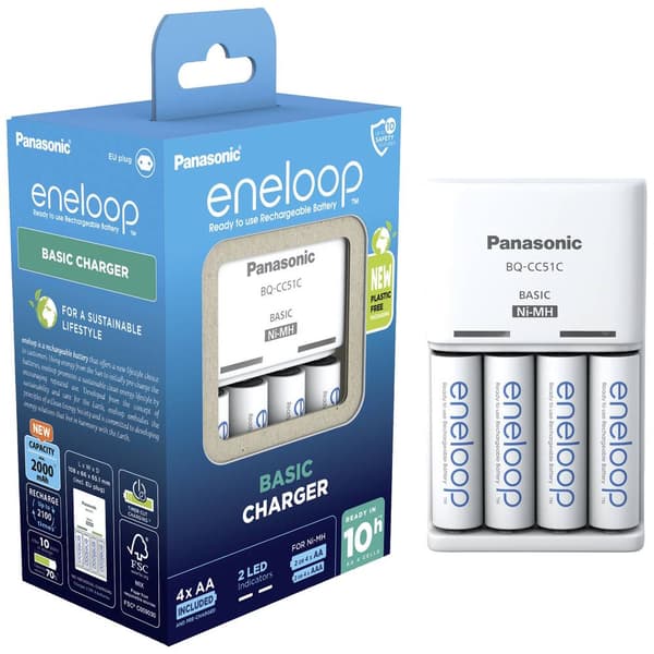 Panasonic Basic BQ-CC51 + 4x eneloop AA Kontaktladdarenhet NiMH AAA (R03), AA (R6)