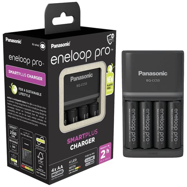 Panasonic Smart & Quick BQ-CC55 +4x eneloop Pro AA Laddare till batteripack NiMH AAA (R03), AA (R6)