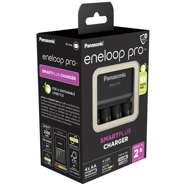 Panasonic Smart & Quick BQ-CC55 +4x eneloop Pro AA Laddare till batteripack NiMH AAA (R03), AA (R6)