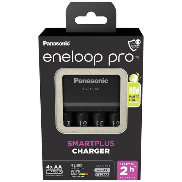 Panasonic Smart & Quick BQ-CC55 +4x eneloop Pro AA Laddare till batteripack NiMH AAA (R03), AA (R6)