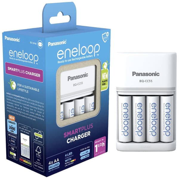 Panasonic Smart & Quick BQ-CC55 +4x eneloop AA Batteriladdare NiMH AAA (R03), AA (R6)