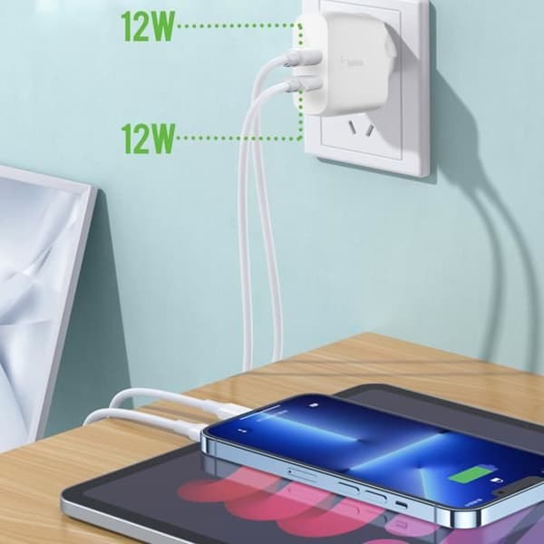 Väggladdare Dubbel USB 24W Snabbladdning Kompakt Belkin Boost Charge Vit