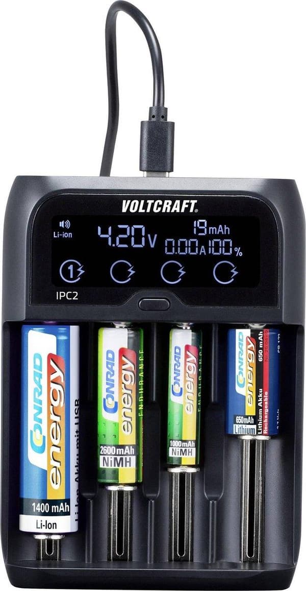 VOLTCRAFT IPC-2 batterioplader NiMH, NiCd, Li-ion, LiFePO AAAA (mini), AAA (blyant), AA (penlite), C (baby), Sub-C, A, 10440, 14500, 14650, 16340, 173