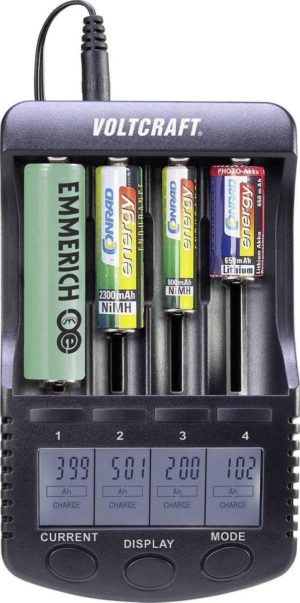 VOLTCRAFT CC-2 batterioplader NiMH, NiCd, Li-ion AA (penlite), AAA (blyant), C (baby), Sub-C, 26650, 26500, 18650, 17670, 18490, 17500, 17350, 16350,