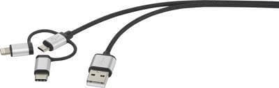 Renkforce USB-kaapeli USB 2.0 USB-A uros, USB-C™ uros, USB-Micro-B uros, Apple Lightning uros 1,00 m tummanharmaa hihainen (RF-3335108)