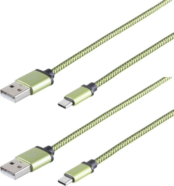 S/CONN maksimal tilslutning 2x USB-opladningskabel, USB-A-stik til USB type C-stik, nylon, grøn, 0,9 m (14-50119-2)