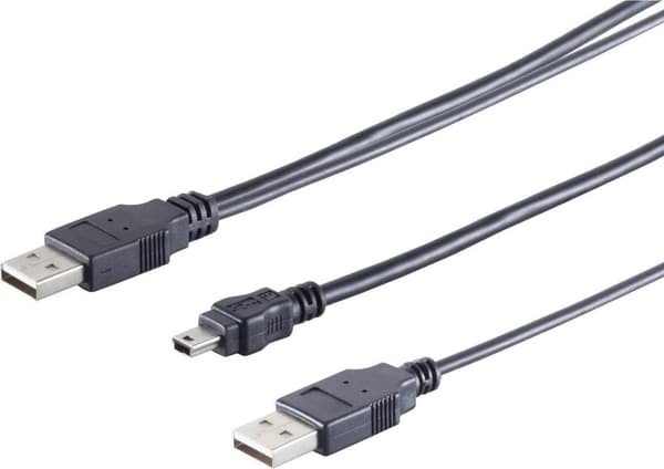 S/CONN maximal anslutning USB Y-strömkabel, 2 x USB A hane till USB B mini 5 stift hane, USB 2.0, 0,6 m (77150)