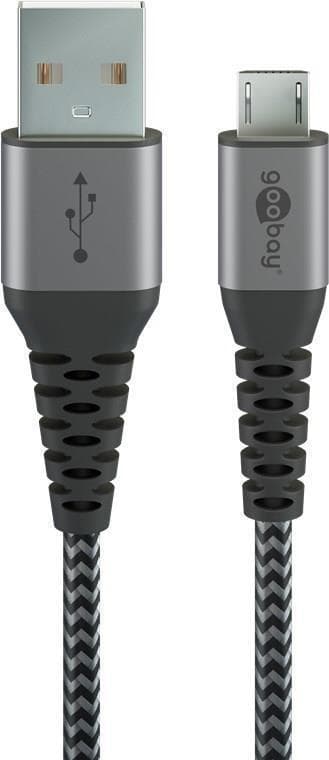 Goobay Micro-USB till USB-A textilkabel med metallkontakter (rymdgrå/silver) 2 m, 2 m, svartgrå - elegant och extra robust anslutningskabel för enhete