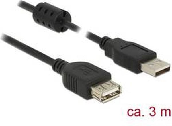 Delock USB-kabel USB 2.0 USB-A-kontakt, USB-A-uttag 3.00 m Svart Med Ferritkärna
