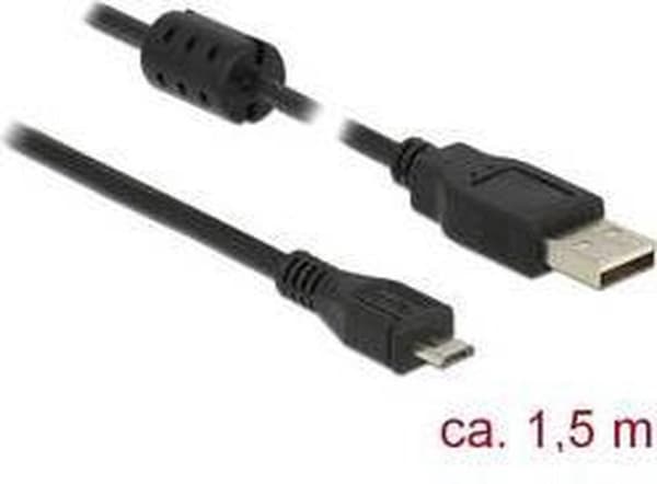 Delock USB-kabel USB 2.0 USB-A-kontakt, USB-micro-B-kontakt 1,50 m Svart Med ferritkärna