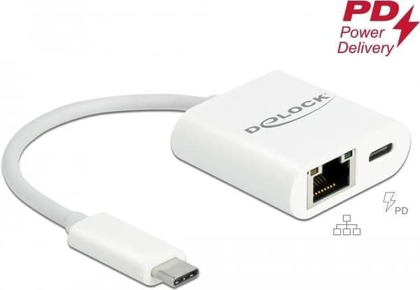 Delock USB Type-C-adapter till Gigabit LAN 10/100/1000 Mbps med Power Delivery-kontakt vit Vit