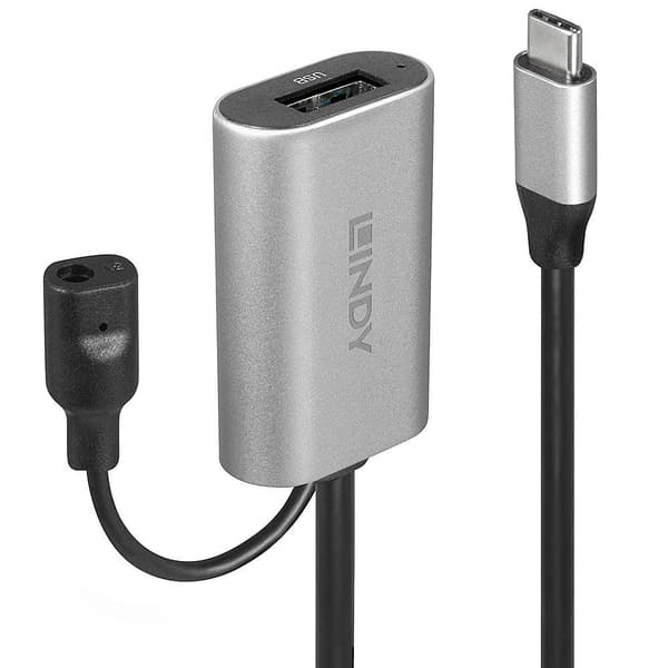 Lindy - USB-jatkokaapeli - USB-C (M) USB Type A:hen, DC-pistoke 3,5 x 1,35 mm (L) - USB 3.1 Gen 1 / Thunderbolt 3 - 5,0 m - pyöreä, aktiivinen - Musta