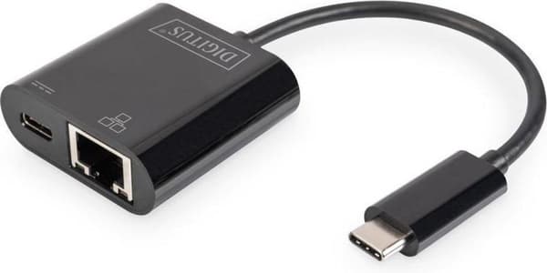 Digitus USB-C, RJ45-adapter [1x USB-C-kontakt - 1x RJ45-uttag, USB-C-uttag] DN-3027 Inkl. RJ45-uttag, med laddningsuttag, med USB
