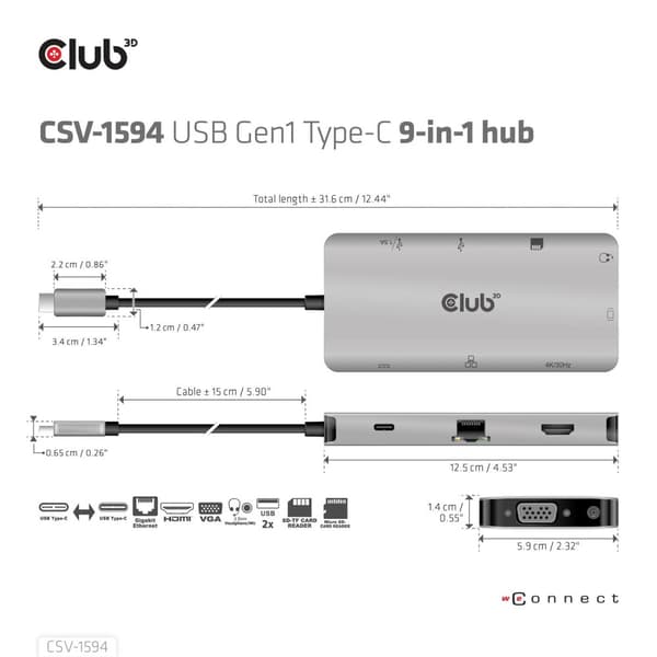 Club 3D USB Gen1 Type-C 9-i-1 hub - Dockingstation - USB-C - VGA, HDMI - GigE