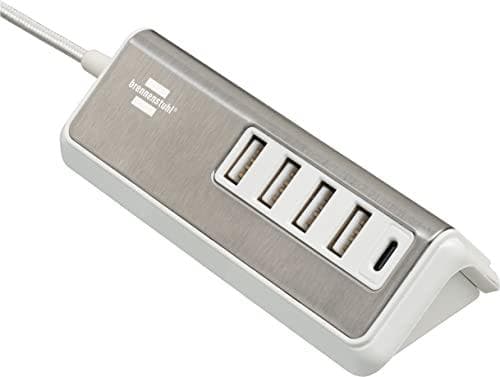 brennenstuhl®Estilo USB-oplader med hurtigopladningsfunktion / multi-USB ladestation med rustfri ståloverflade og 1,5m tekstilkabel (4x USB-A ladestik Rustfrit stål, Hvid