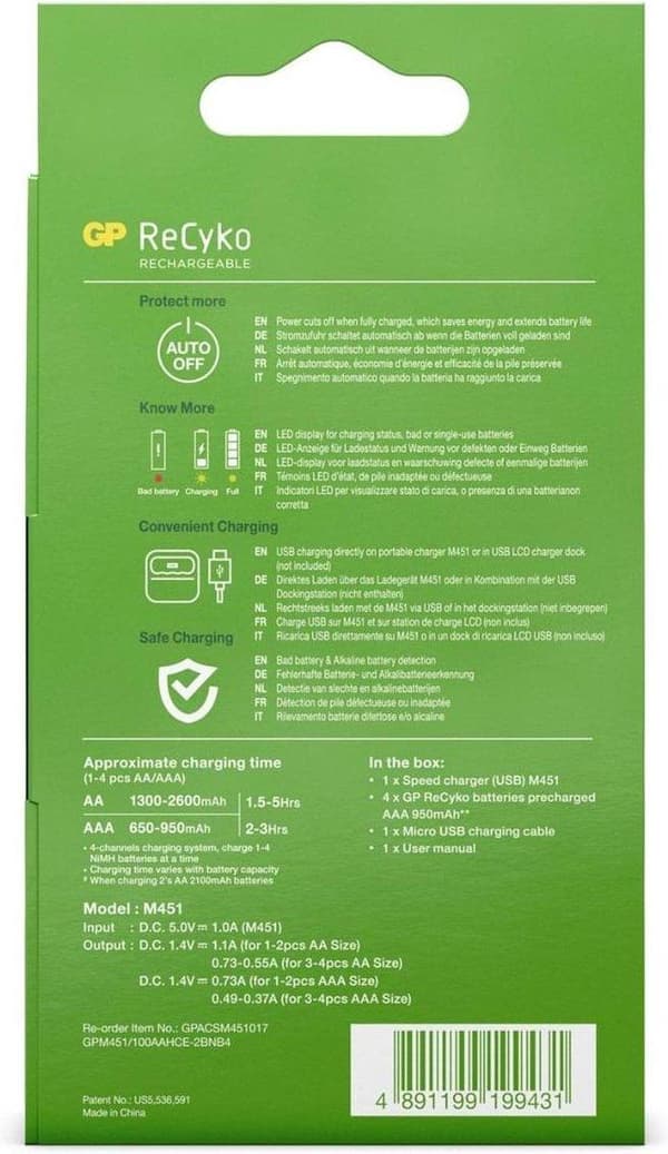 GP ReCyko AA/AAA Speed ​​​​Oplader (USB) - Batterioplader - inkl. 4x AAA batterier 950mAh