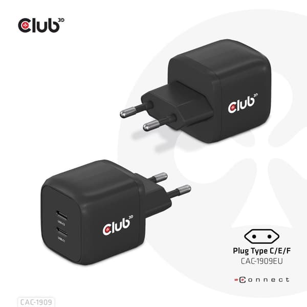 CLUB3D reseladdare PPS 45W GAN-teknik - USB Type-C med dubbla portar - Power Delivery(PD) 3.0 Support (CAC-1909EU) Svart