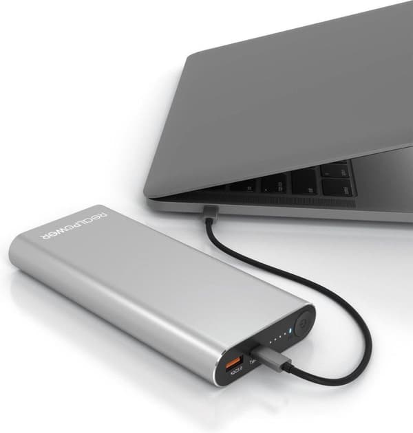 RealPower PB-20000 PD Pro 20.000 mAh powerbank med USB-C PD 100W og USB Quick Charge 3.0 65W sølv/aluminium