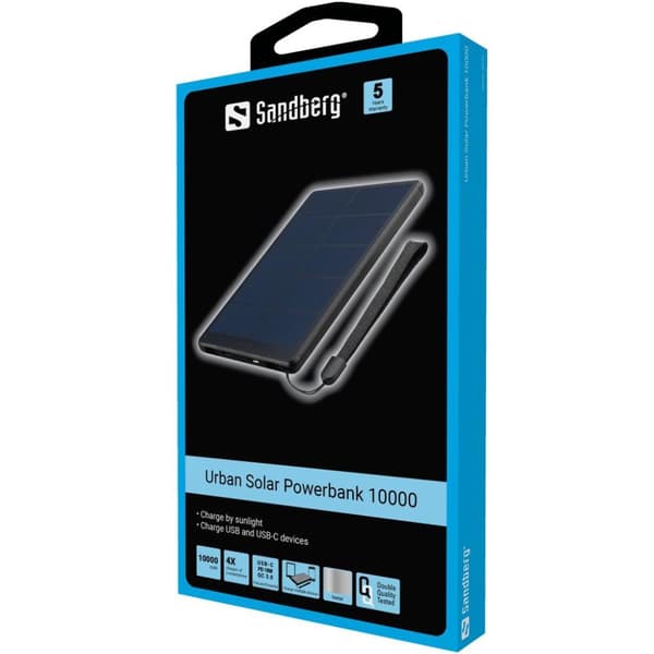Sandberg Urban Solar Powerbank 10000 - Solar powerbank - 10000 mAh - 37 Wh - 18 Watt - 3 A - QC 3.0 (2 x USB, USB-C med strømforsyning) - på kabel: Mi