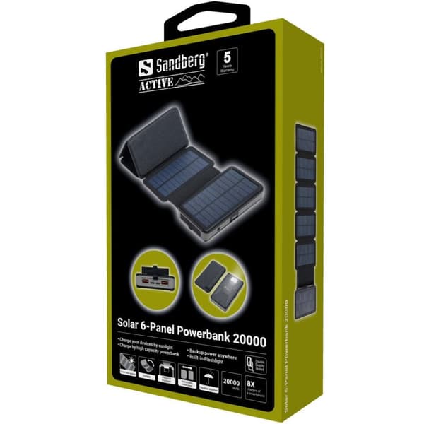 Sandberg Active 6 panel - solenergibank - Li-Pol - 20000 mAh - 74 Wh - 3 A - PD - 3 udgangsporte (2 x USB, USB-C) - på kabel: USB, USB-C