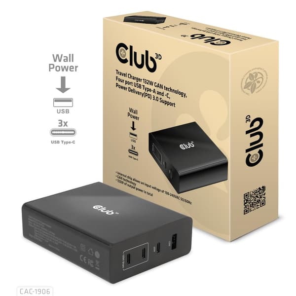 Club 3D CAC-1906 - Virtalähde - AC 100-240V - 132 Watt - Lähtöliittimet: 4