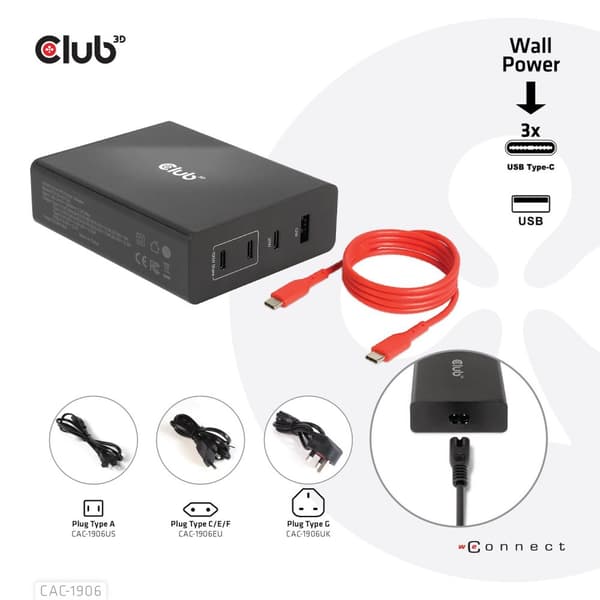 Club 3D CAC-1906 - Virtalähde - AC 100-240V - 132 Watt - Lähtöliittimet: 4