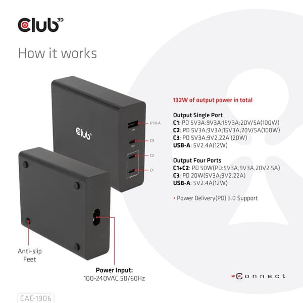 Club 3D CAC-1906 - Virtalähde - AC 100-240V - 132 Watt - Lähtöliittimet: 4