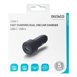 DELTACO Billaddare 12/24V, 1x USB-C, PD 18 W, 1x USB-A, 18 W, 36W, svart