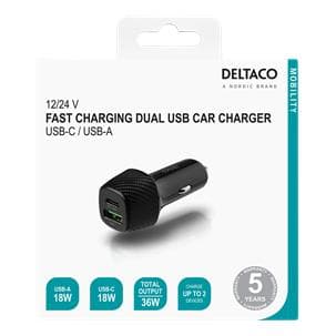 DELTACO 12/24 V USB-billaddare med dubbla USB-portar och snabbladdning, 36 W, svart