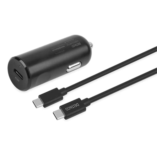 DELTACO USB-C PD billadare med avtagbar USB-C till USB-C kabel, 20 W, 1m kabel , svart Svart