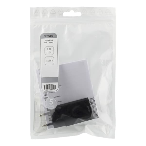 DELTACO väggladdare 100-240 V till 5 V USB, 2,4 A, 12 W, 1x USB-A port, vit påse, svart