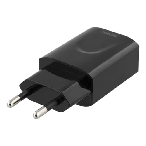 DELTACO väggladdare 100-240 V till 5 V USB, 2,4 A, 12 W, 1x USB-A port, vit påse, svart