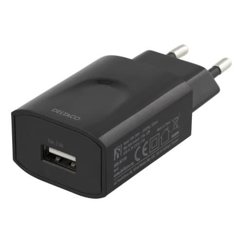 DELTACO väggladdare 100-240 V till 5 V USB, 2,4 A, 12 W, 1x USB-A port, vit påse, svart Svart