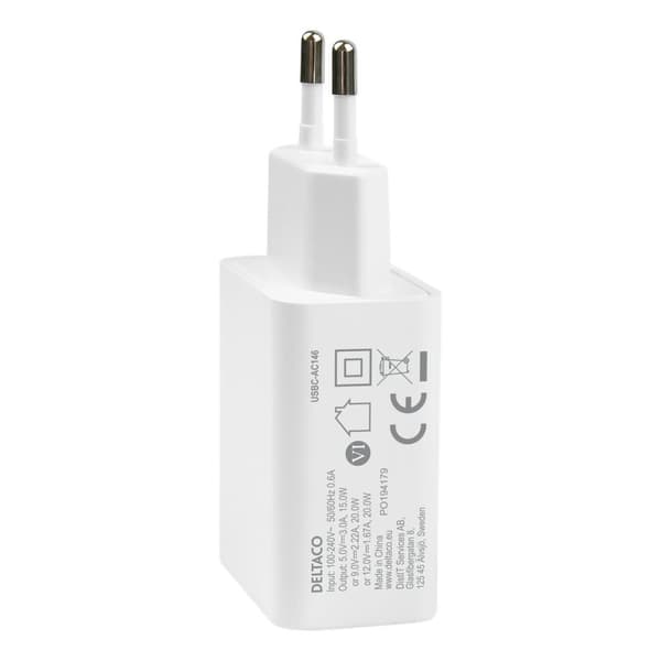 DELTACO USB-C PD väggladdare med avtagbar USB-C till USB-C kabel, 20 W, 1m kabel, vit